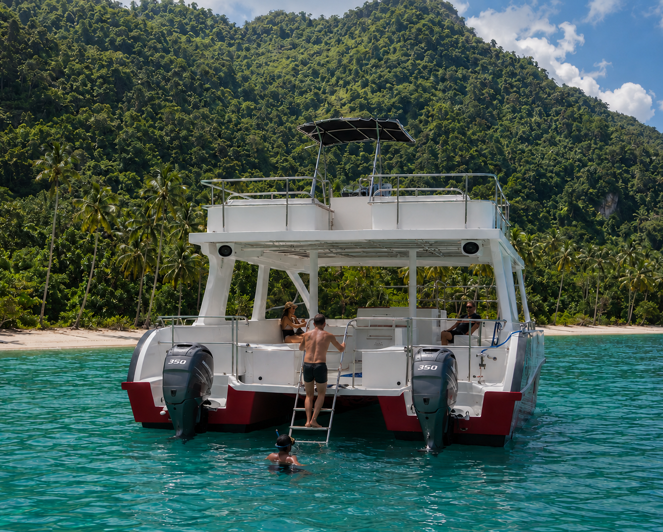 Antares private charter boat Antares custom-built catamaran anchored near the tropical coast at Jackson Bay
