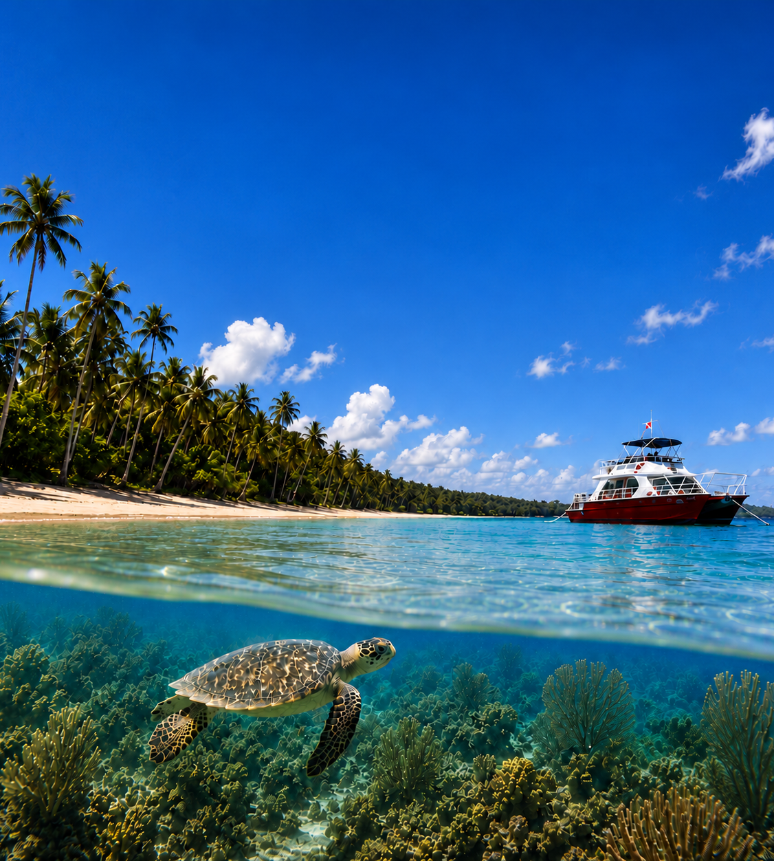 Jackson Bay dive and snorkel escape Antares boat, tropical beach and sea turtle at Jackson Bay near Las Terrenas