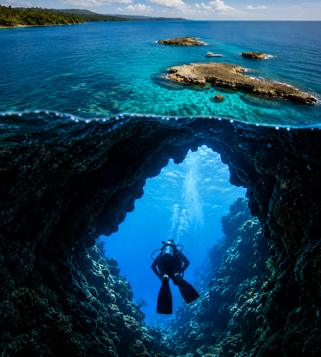 Ballenas Islands adventure dive Ballenas Islands and a scuba diver swimming through an underwater rock formation