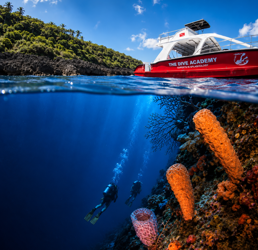 Cabo Cabrón diving expedition Dive boat and scuba divers exploring giant sponges at Cabo Cabrón National Park