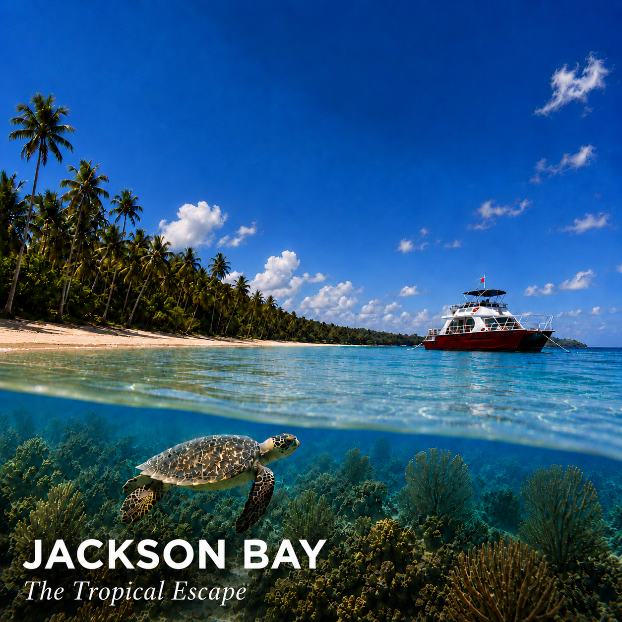 Antares boat, tropical beach and sea turtle at Jackson Bay near Las Terrenas
