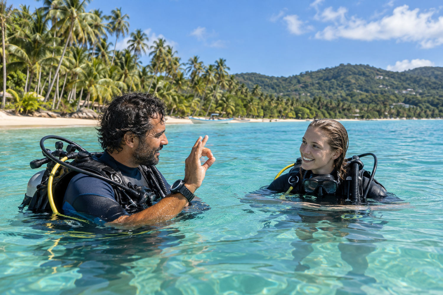 Instructor and student practicing scuba skills in shallow tropical water