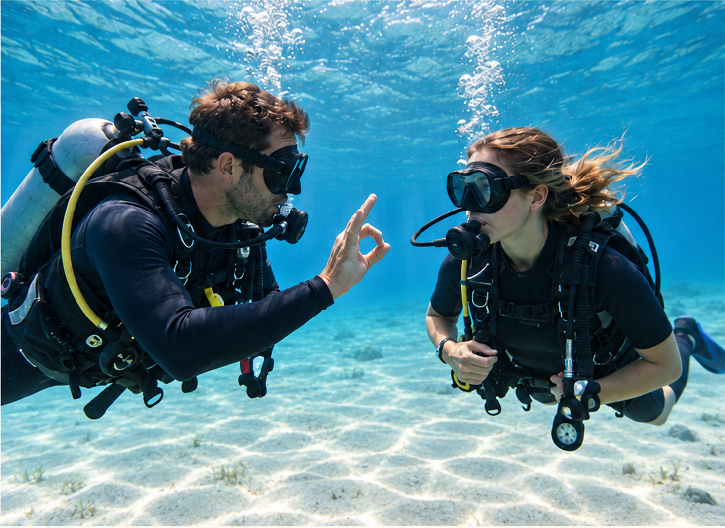 Scuba instructor and student practicing underwater skills during an Open Water course